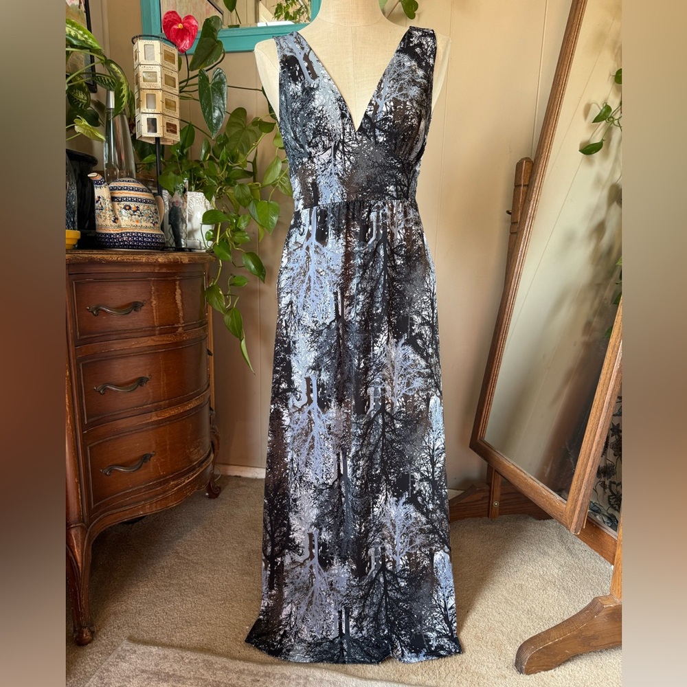 Za Zen Black/Gray abstract forest print Maxi Dress, size M